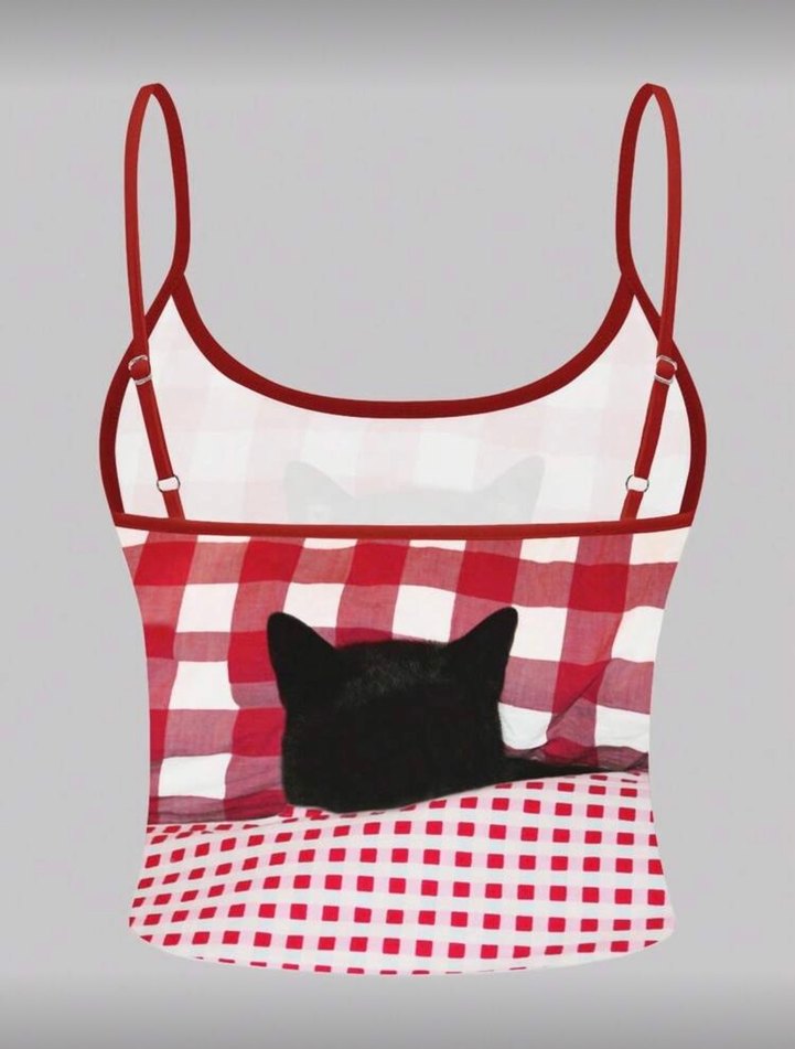 Kedi Desenli Kırmızı Gotik Askılı Üst - Görsel 2