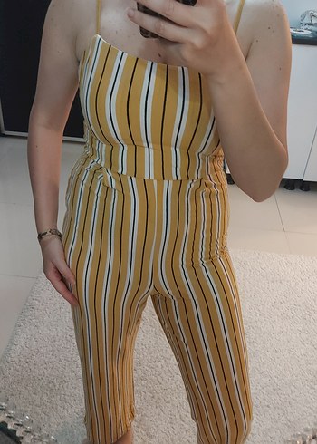 Stradivarius Sarı Çizgili Askılı Tulum