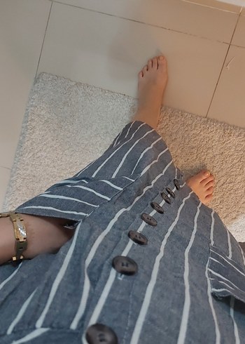s Beden gri Renk Gri Çizgili Düğmeli Bohem Midi Elbise