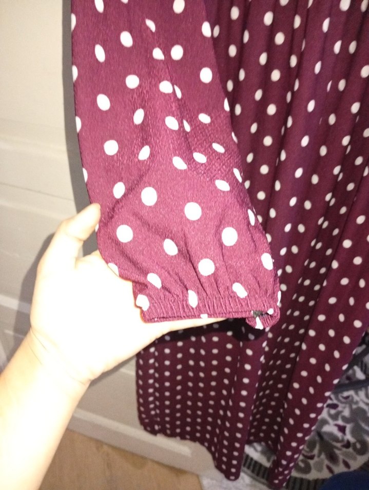 Bordo Puantiyeli Uzun Salaş Elbise - Görsel 2