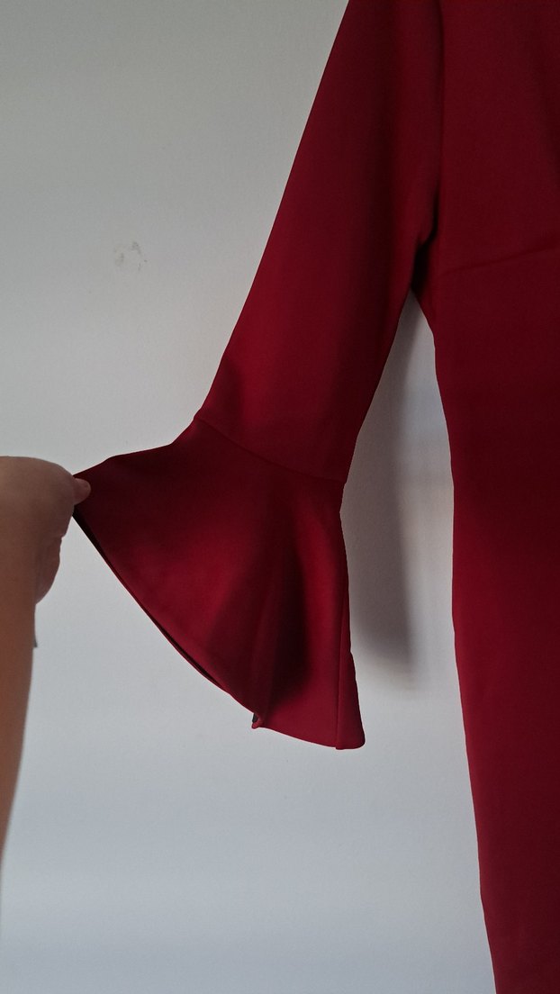 Kırmızı Midi Uzun Kollu Abiye Elbisesi - Görsel 2