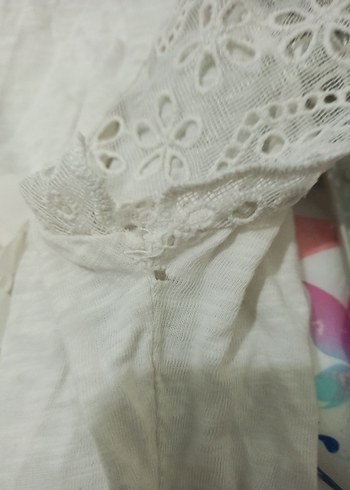 Kız Çocuk Beyaz Dantel Detaylı Kısa Kollu Tişört - Görsel 8