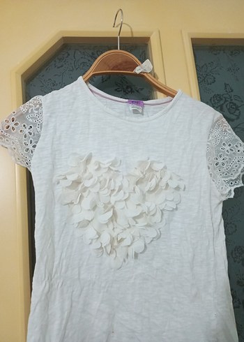 Kız Çocuk Beyaz Dantel Detaylı Kısa Kollu Tişört - Görsel 2