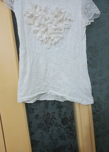 Kız Çocuk Beyaz Dantel Detaylı Kısa Kollu Tişört - Görsel 3