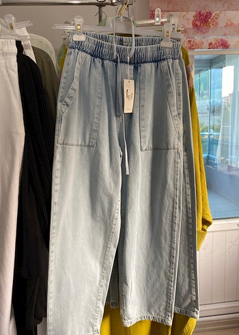 Kadın Mavi Bağcıklı Loose Fit Denim Pantolon - Görsel 2