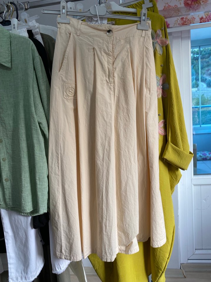 Bej Keten Mini Gömlek etekli takı. , Düğmeli, Salaş Kesim - Görsel 2