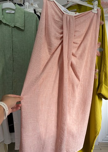 Pembe Keten Uzun Kollu Salaş Gömlek etek takım - Görsel 2