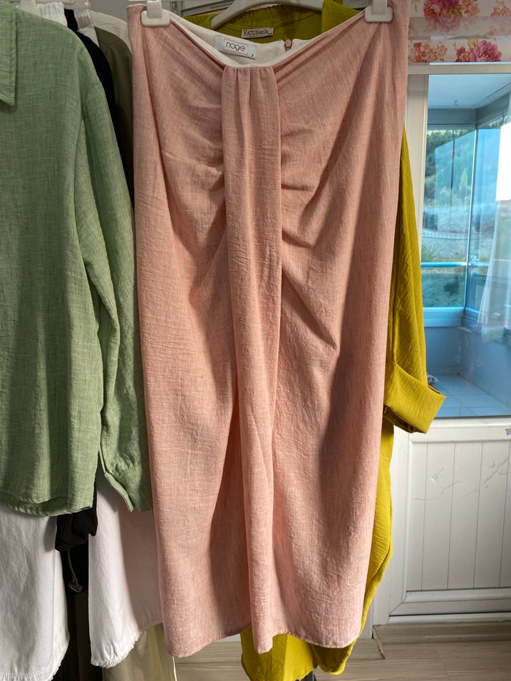 Pembe Keten Uzun Kollu Salaş Gömlek etek takım - Görsel 3