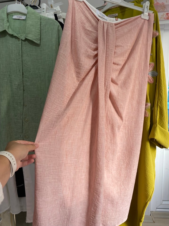 Pembe Keten Uzun Kollu Salaş Gömlek etek takım - Görsel 2