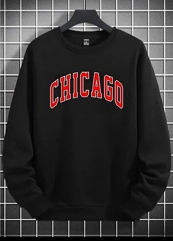 CHICAGO Baskılı Siyah Sweatshirt 