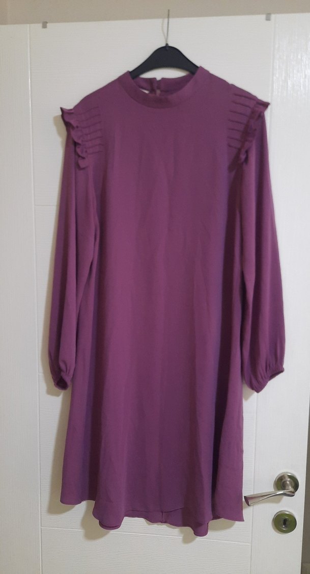 Mor Uzun Kollu Fırfırlı Midi Tunik - Görsel 2