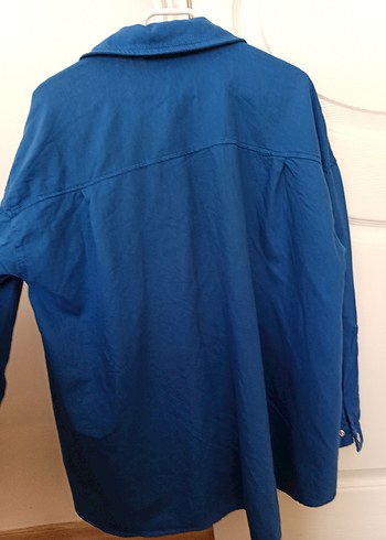 Diğer Mavi Keten Çıt Çıtlı Oversize Gömlek