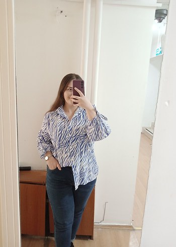 xxl Beden mavi Renk Uzun Kollu V Yaka Zebra Desenli Gömlek