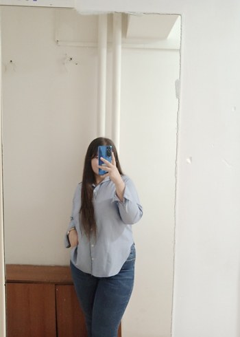 Kadın Mavi Denim Gömlek, Salaş Kesim, Uzun Kollu