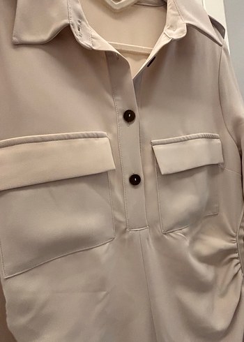 Düğmeli Bej Kadın elbise - Görsel 11