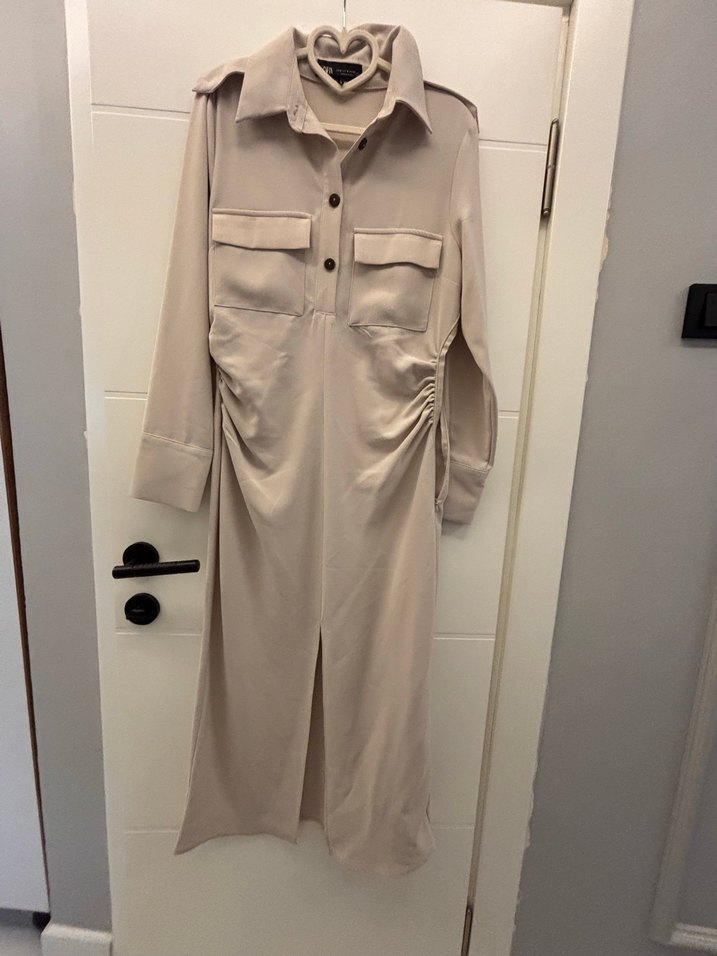 Düğmeli Bej Kadın elbise - Görsel 3