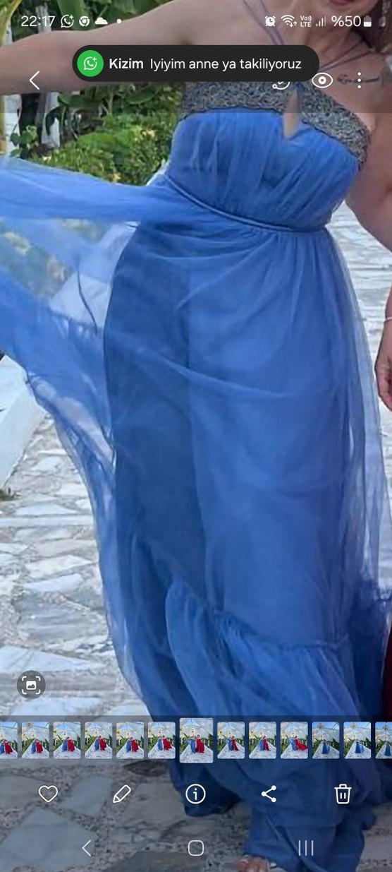 Mavi Drapeli Straplez Uzun Kadın Elbise - Görsel 4