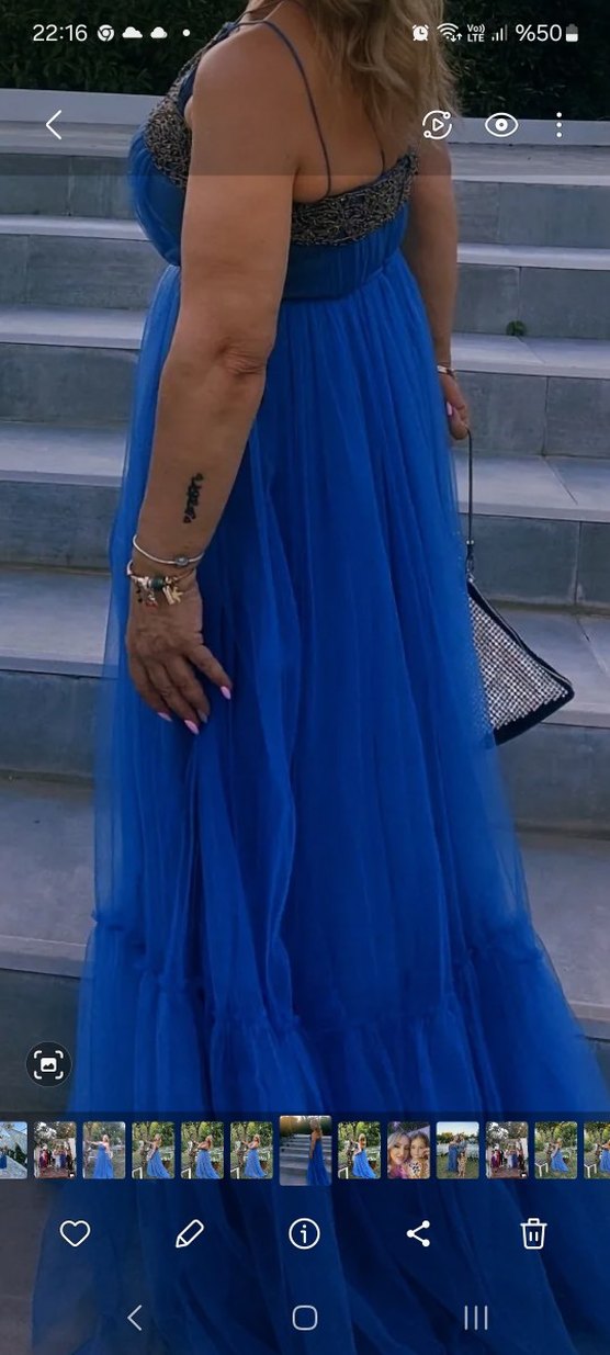 Mavi Drapeli Straplez Uzun Kadın Elbise - Görsel 2