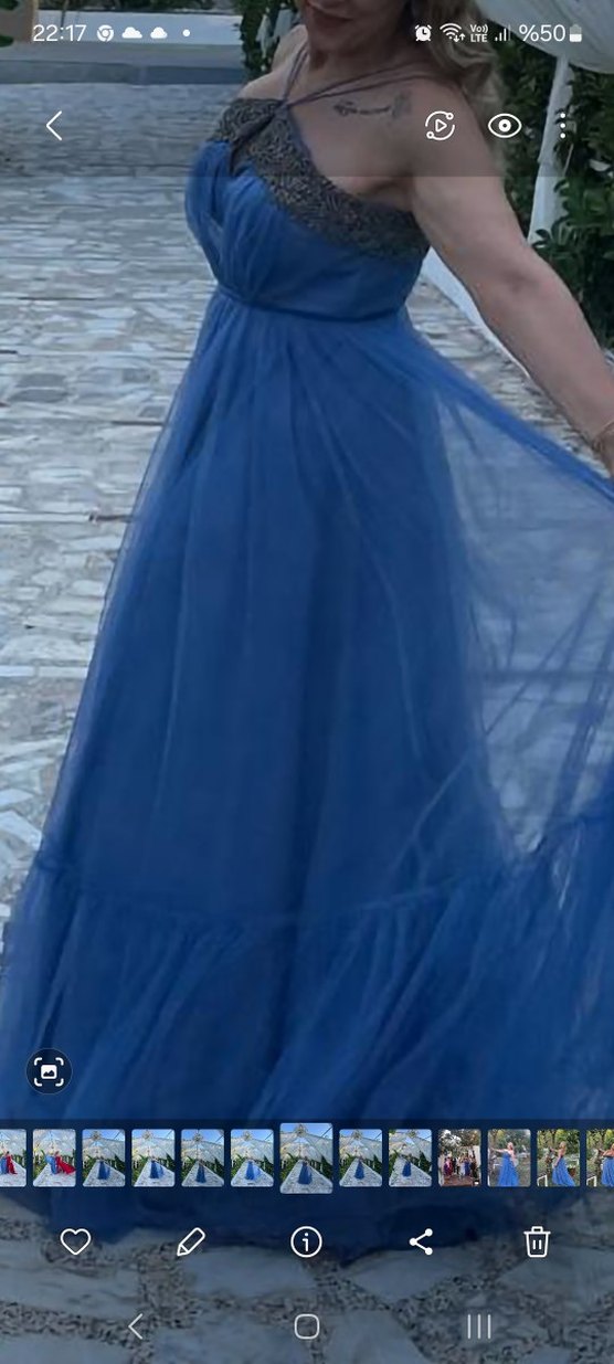 Mavi Drapeli Straplez Uzun Kadın Elbise - Görsel 3