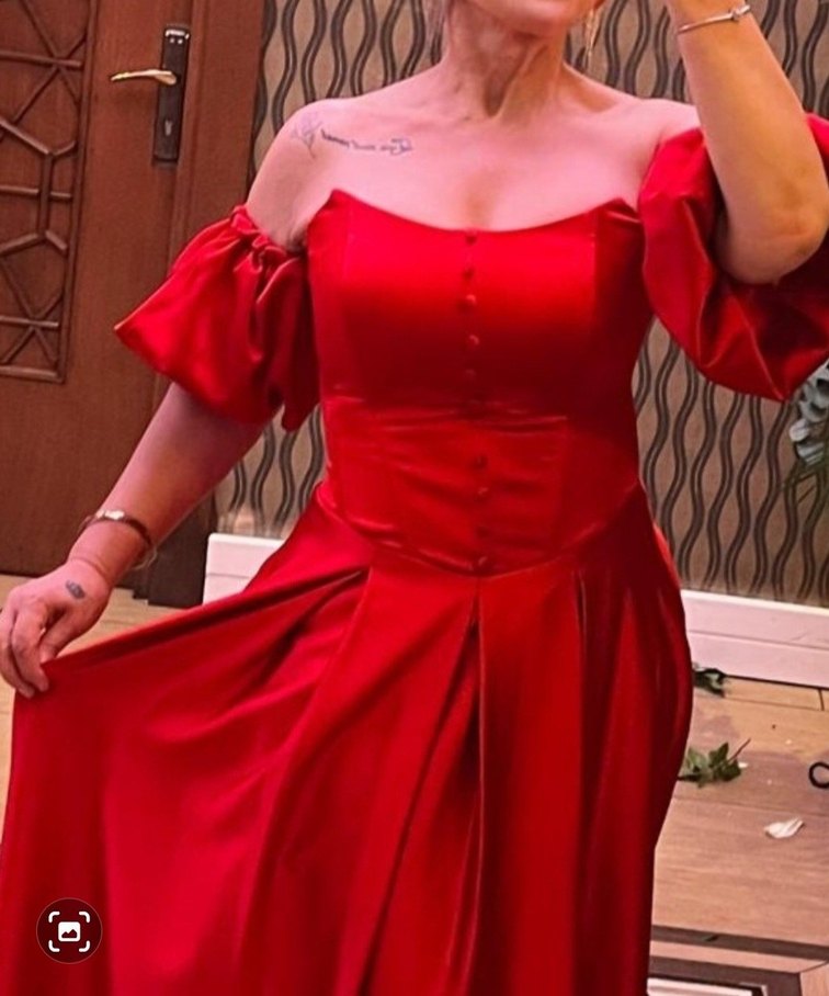 Vintage Kırmızı Drapeli Uzun Abiye Elbise - Görsel 2