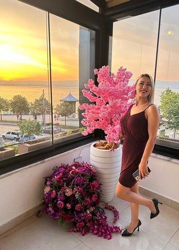 Bordo Parlak Drapeli Mini Kokteyl Elbise - Görsel 2