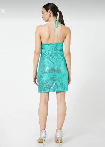Parlak Turkuaz Mini Payetli Kokteyl Elbisesi - Görsel 5