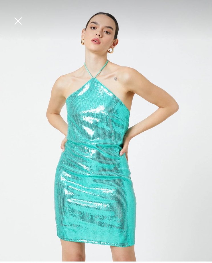 Parlak Turkuaz Mini Payetli Kokteyl Elbisesi - Görsel 3