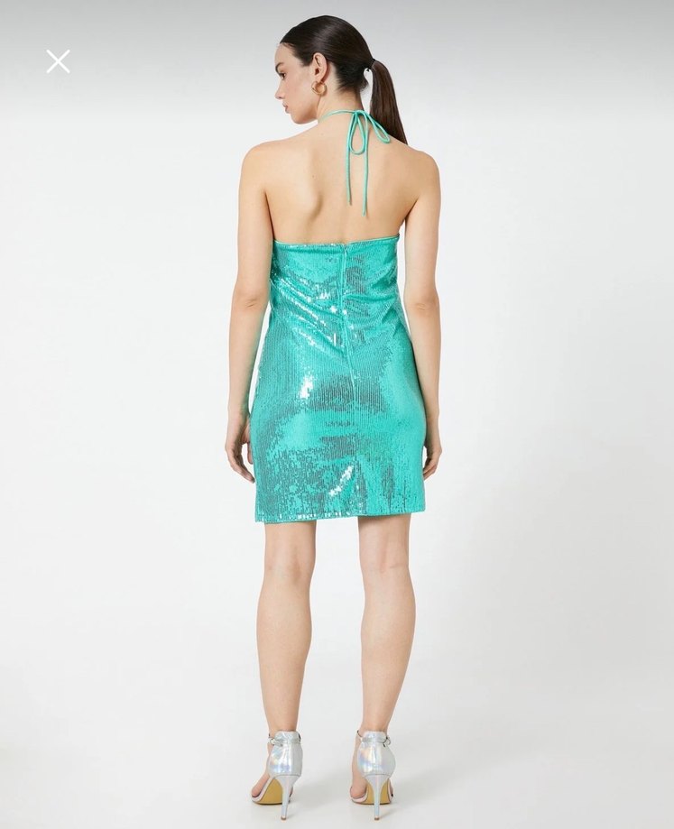 Parlak Turkuaz Mini Payetli Kokteyl Elbisesi - Görsel 5