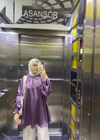 Mor Midi Tunik, Uzun Kollu, Şeffaf Kumaş