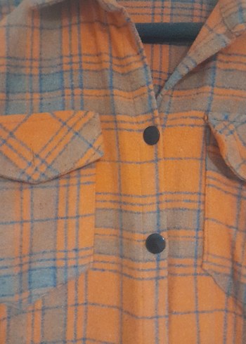 Düğmeli Ekose Gri turuncu Kadın Gömlek - Görsel 2