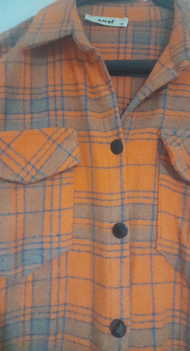 Düğmeli Ekose Gri turuncu Kadın Gömlek - Görsel 2