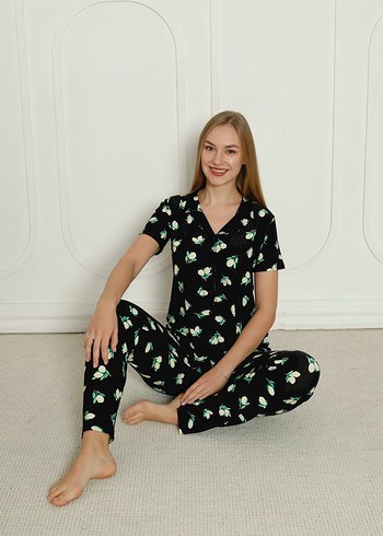 Siyah limon Desenli Kısa Kollu Kadın Pijama Takımı