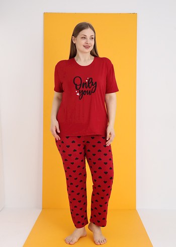 Diğer Renkli Kalp Baskılı Kırmızı Kadın Pijama Takımı