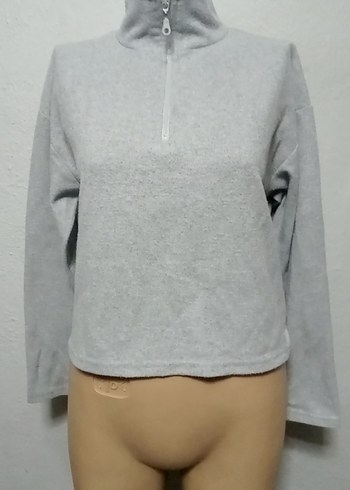 Kadın Gri Yarım Fermuarlı Yüksek Yaka Sweatshirt S M BEDEN
