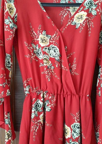 Kırmızı Çiçekli Uzun Kollu Bohem Elbise - Görsel 2