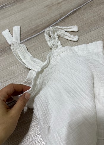 Kızlar İçin Beyaz Keten Askılı Tulum - Görsel 4