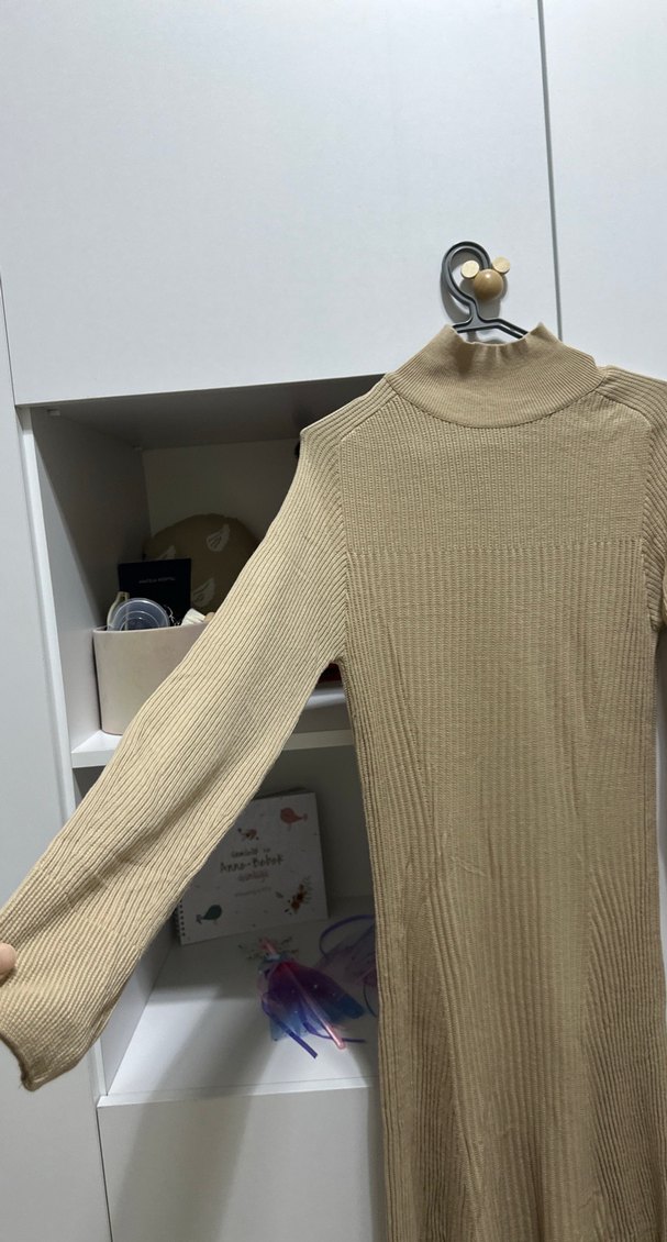 Bej Triko Balıkçı Yaka Uzun Elbise - Görsel 2