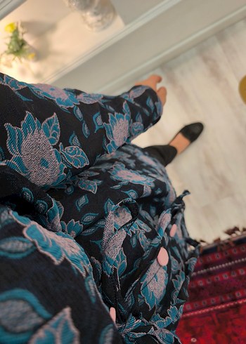 40 Beden mavi Renk Uzun Kollu, Yüksek Yakalı Bohem Kadın Kimono