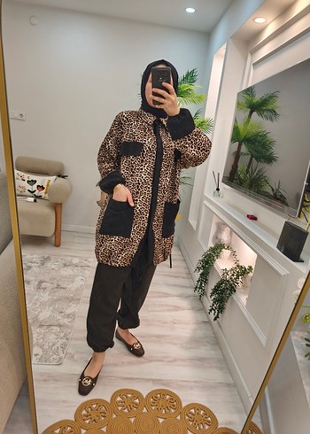 42 Beden Leopar Desenli Uzun Kadın Kaban