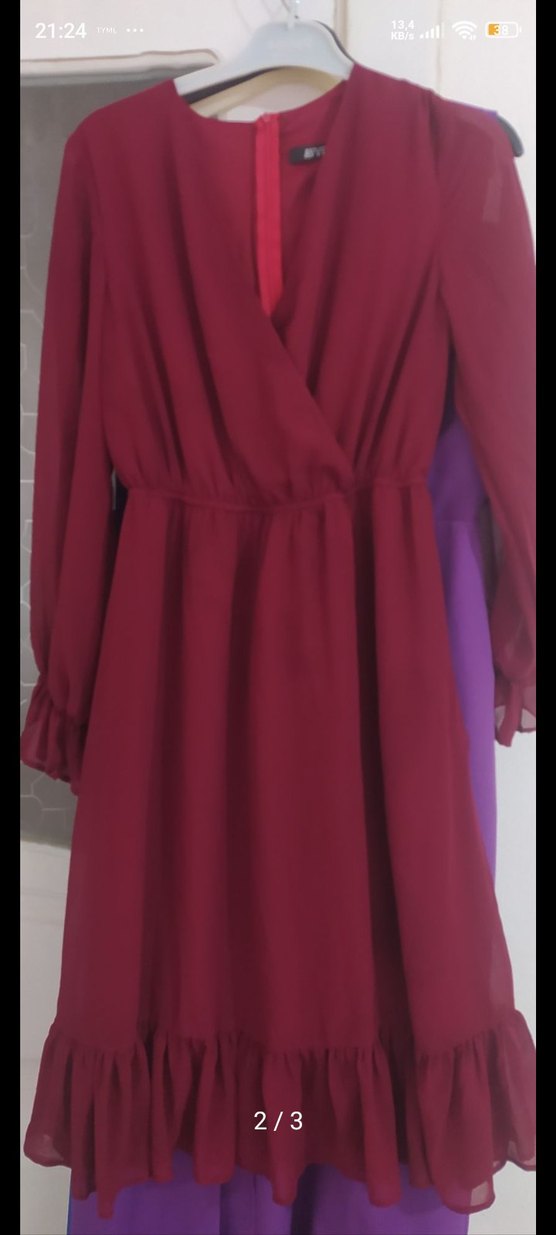 MissThetis Uzun Kollu Bordo Volanlı Elbise - Görsel 2