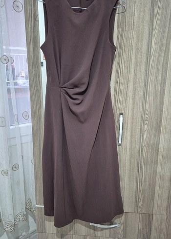 Klasik Bisiklet yaka koyu kahverengi elbise - Görsel 2