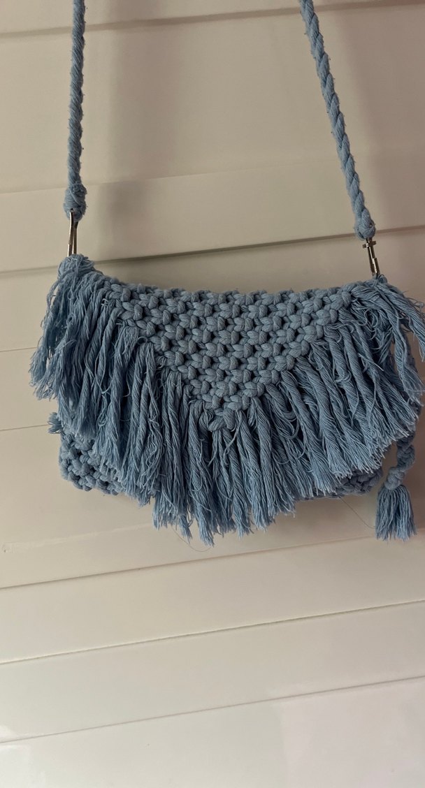 Mavi Püsküllü Örgü Bohem Çanta - Görsel 2