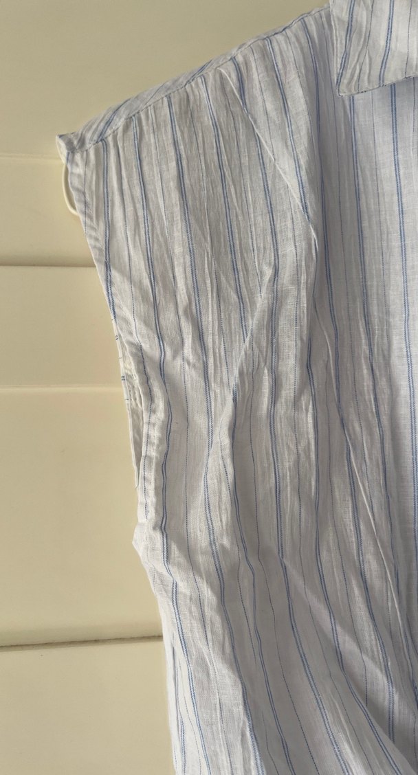 Gri Çizgili Kısa Kollu Keten Gömlek - Görsel 3