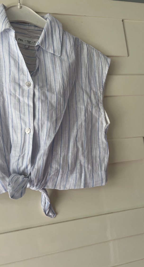 Gri Çizgili Kısa Kollu Keten Gömlek - Görsel 5