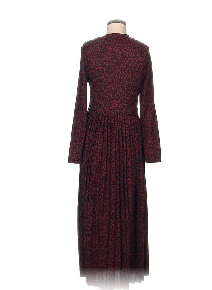 Bordo Pilili Uzun Kollu Vintage Elbise - Görsel 3