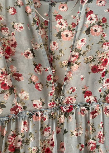 Zara Gri Çiçekli Volanlı Bohem Uzun Elbise