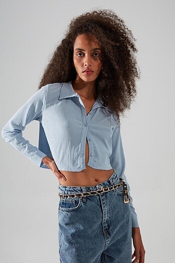 Düğmeli Polo yaka bürümcük gömlek crop bluz