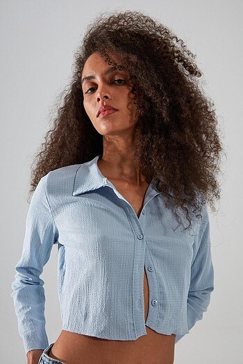 l Beden Düğmeli Polo yaka bürümcük gömlek crop bluz