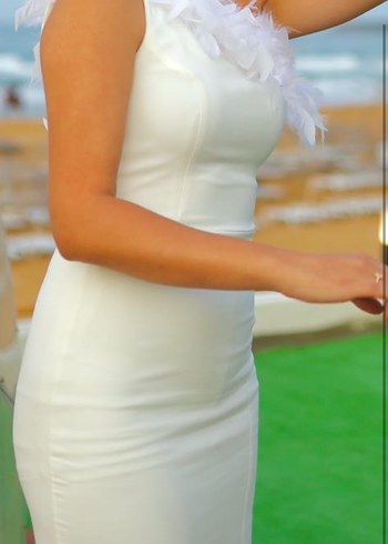 Beyaz V Yakalı Midi Kalem Elbise - Görsel 2