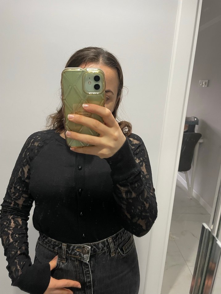 Dantel Kollu Siyah Kadın Hırka - Görsel 5